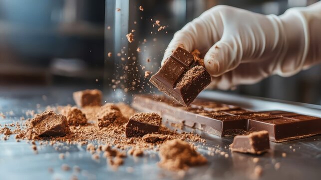A hand breaking chocolate pieces creates an enticing scene with cocoa dust flying, highlighting the allure and richness of gourmet chocolates for dessert enthusiasts to enjoy.