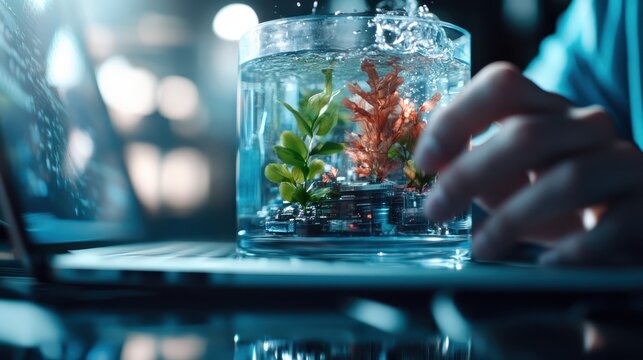 An innovative concept showcasing a circuit board submerged in water, surrounded by plants, symbolizing the intersection of nature and technology in harmony and sustainability.