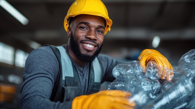 A cheerful worker engaged in recycling efforts, handling plastic bottles, symbolizing environmental consciousness and the importance of sustainable practices in our daily lives.