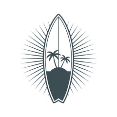 Minimalist Surfboard with Palm Trees and Sunburst Design Representing Summer Vacation Tropical Getaway Beach Lifestyle and Surfing Culture in a Clean and Modern