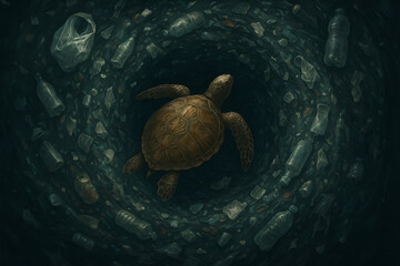 Sea Turtle in Plastic Vortex: A poignant illustration depicting a sea turtle trapped within a swirling vortex of plastic debris, highlighting the devastating impact of pollution on marine wildlife.