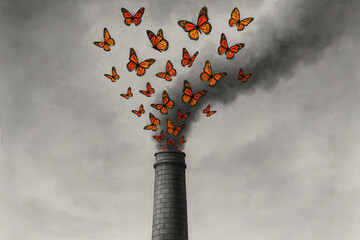 Butterflies and Smoke Stack: A poignant image depicting a swarm of monarch butterflies emerging from an industrial smokestack, symbolizing environmental fragility and the impact of pollution.