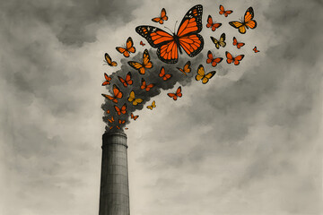 From Pollution to Hope: Colorful butterflies emerge from the smokestack, symbolizing environmental recovery and transition towards a brighter, sustainable future.