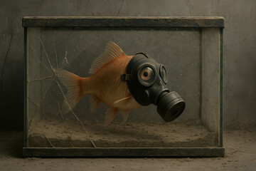 Goldfish in Distress: A goldfish, a symbol of resilience, navigates an environment compromised by an environmental crisis