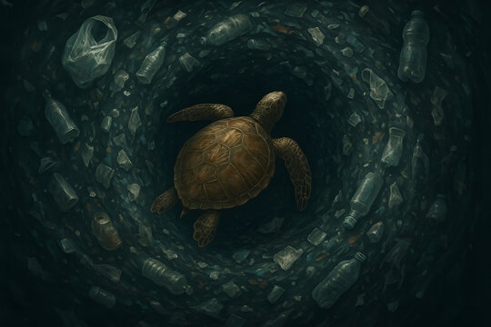 Sea Turtle in Plastic Vortex: A poignant illustration depicting a sea turtle trapped within a swirling vortex of plastic debris, highlighting the devastating impact of pollution on marine wildlife.