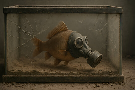 Fish in a Mask: A captivating, artistic portrayal of a fish wearing a gas mask, set in a surreal aquarium, symbolizing environmental concerns and the fragility of life.