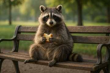 Raccoon's picnic on a bench: An endearing raccoon, enjoying a snack, sits calmly on a wooden bench. This charming image brings a moment of wildlife comfort in urban environment.