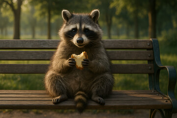 Playful Bandit's Snack Time: A curious raccoon, with its distinctive masked face and bushy tail, enjoys a tasty snack while perched on a wooden bench in a park setting.