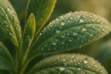 Dew Drops on Green Leaf: Close-up view of a vibrant green leaf glistening with dew drops, sunlight illuminating the surface.