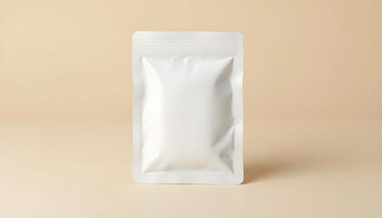 Blank white stand-up pouch on a neutral background, perfect for mockup. Suitable for food, cosmetics, or household product packaging design. Minimalist and clean studio shot.


