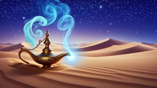 Magic genie lamp glowing in desert under starry night sky

