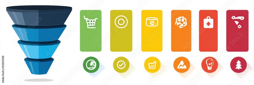 Poster sales pipeline stages illustrated with a funnel diagram and icons in a minimal corporate design usin