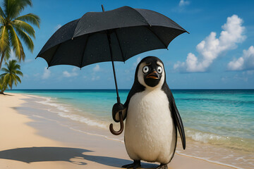 Penguin on Tropical Beach with Umbrella