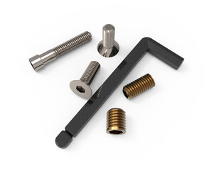 3d visualization of hexagon key, nuts and bolts without background.