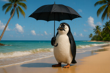 Penguin's Bizarre Beach Outing: A bewildered penguin stands on a tropical beach, clutching a black umbrella against the clear sunny sky.