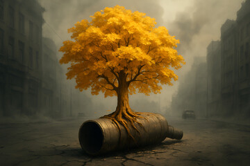 Golden-Leafed Tree Emerges from the Bottle: A solitary, golden-leafed tree sprouts triumphantly from a discarded bottle. The poignant image captures themes of renewal, resilience.