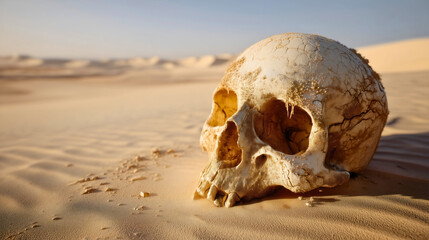Obraz premium A skull buried in the hot desert sand human remains in the scorching sand.