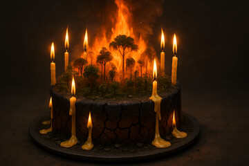 Burning forest: A surreal image of a forest ablaze, the flames reaching for the sky. The scene is framed with a circle of lit candles around forest with a metaphoric cake base.