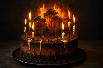 Burning forest cake concept: A surreal scene of a cake engulfed in flames with forest imagery, representing destruction.