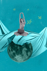 Vertical 3d poster art collage of happy girl guy stand space galaxy moon planet cosmos discovery...