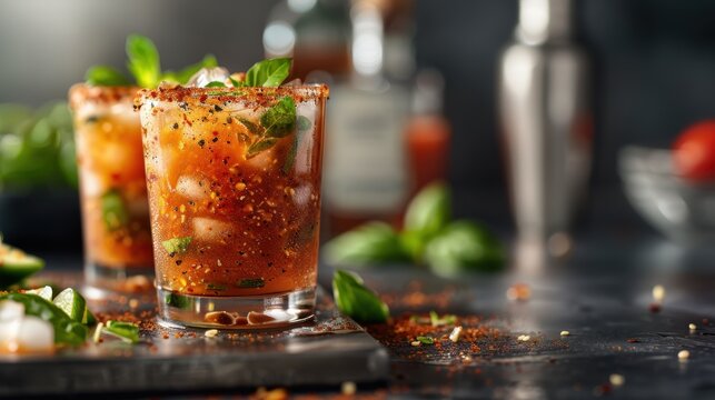 A visually appealing beverage garnished with fresh herbs and spices captures the essence of refreshment and culinary creativity, perfect for engaging warm weather enjoyment.