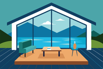 Fototapeta premium Lakehouse Living Room Cartoon Animation Background Vector illustration