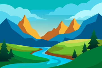 Fototapeta premium Mountain River Landscape Cartoon Animation Background Vector illustration