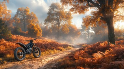Autumn motocross bike in misty forest path