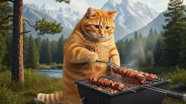 A fat orange cat is grilling shashlik on a barbecue on the edge of the forest.