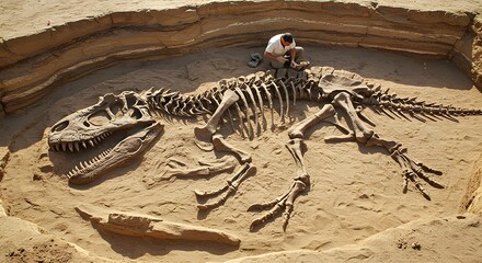 Giganotosaurus fossil excavated from a semi-arid desert, its massive bones emerging from sunbaked soil and rock layers in a remote, wind-swept paleontological site