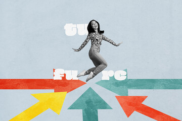 Composite design trend artwork collage of happy businesswoman jump arrow development progress...