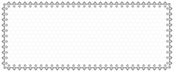 Formal white rectangular frame with ornate dark gray fleur-de-lis border. Set on a subtle light gray hexagonal grid background. Neutral palette, clean geometric design, symmetrical flat perspective.