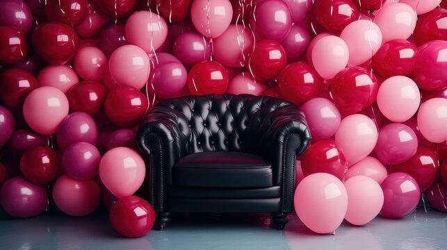 A stylish black armchair is framed by colorful pink and red balloons, creating a cheerful and festive backdrop perfect for celebration and joy.