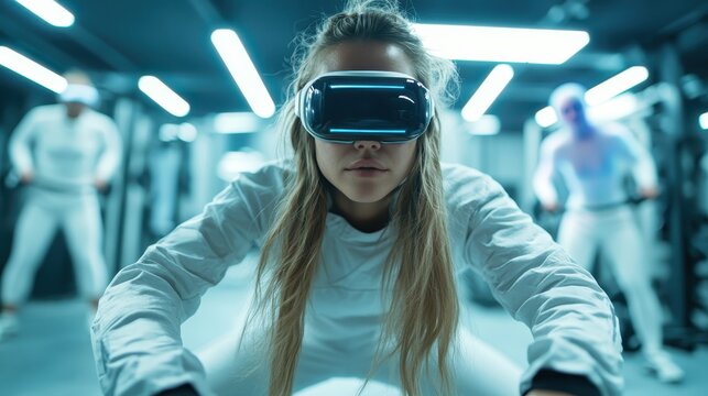 A focused woman wearing a VR headset is immersed in a virtual workout environment, showcasing the blend of technology and fitness in contemporary lifestyles.