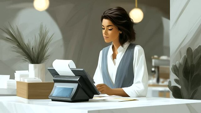 Cashier Processing Digital Payment with Contactless Terminal