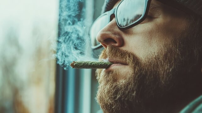 A contemplative man with a beard and sunglasses gazes out of a window while smoking, capturing a moment of introspection and solitude amidst a haze of thoughts and creativity.