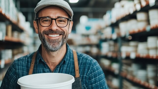 In a cozy store setting, a smiling man wearing glasses and a cap holds a paint bucket, reflecting a sense of community, creativity, and the joy in DIY home projects and improvements.