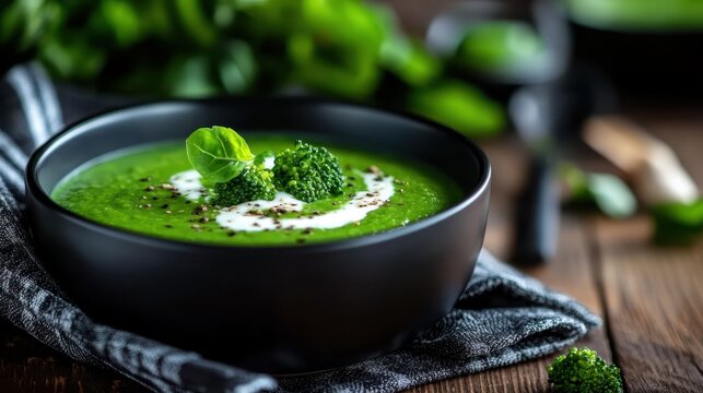 A vibrant bowl of creamy green broccoli soup topped with fresh herbs, representing healthy eating and culinary arts, inviting warmth and nourishment through its rich colors.