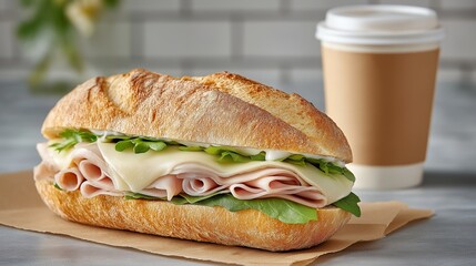 Delicious Sandwich And Coffee Create Perfect Lunchtime Fresh Ham Sandwich With Hot Beverage