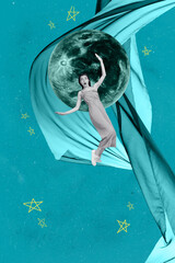 Vertical 3d poster art collage of happy girl guy stand space galaxy moon planet cosmos discovery...