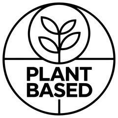 Plant Based text logo with a small plant icon, black and white Plant Based icon, Plant Based badge with small plant