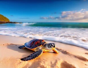 Obraz premium colorful sea turtle crawling on sandy beach by gentle waves