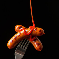 ketchup falling on delicious grilled sausages pricked in fork in a black background