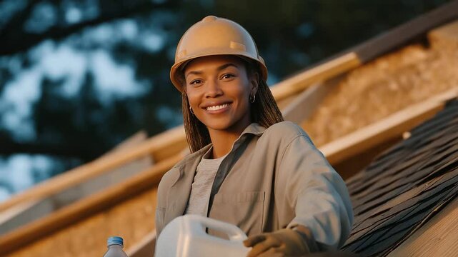 Coworker Offering Water at Roofing Site During Golden Hour