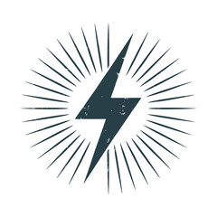 Vintage Style Lightning Bolt with Sunburst Rays and Distressed Texture Isolated on White Background for Energy Power Speed and Electricity Concepts