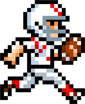 Pixelated football player running with ball.