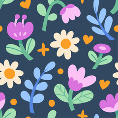 Cute seamless pattern with flowers and abstract botanical elements. Vector hand drawn floral background for textile, fabric, print or wallpaper.