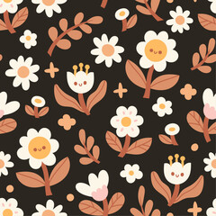 Cute seamless pattern with flowers and abstract botanical elements. Vector hand drawn floral background for textile, fabric, print or wallpaper.
