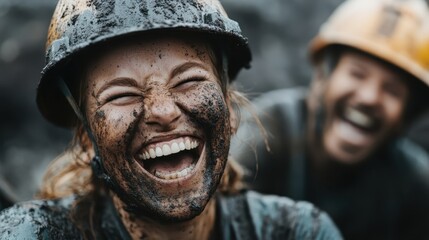 Fototapeta premium Two enthusiastic women covered in mud share a joyful moment of laughter, showcasing the power of friendship and fun in outdoor activities, embracing the freedom of self-expression.