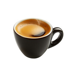 Fototapeta premium Small steaming cup of rich espresso with velvety crema on top, isolated on white background, elegant and minimal coffee presentation with aromatic appeal, perfect for café menus, branding